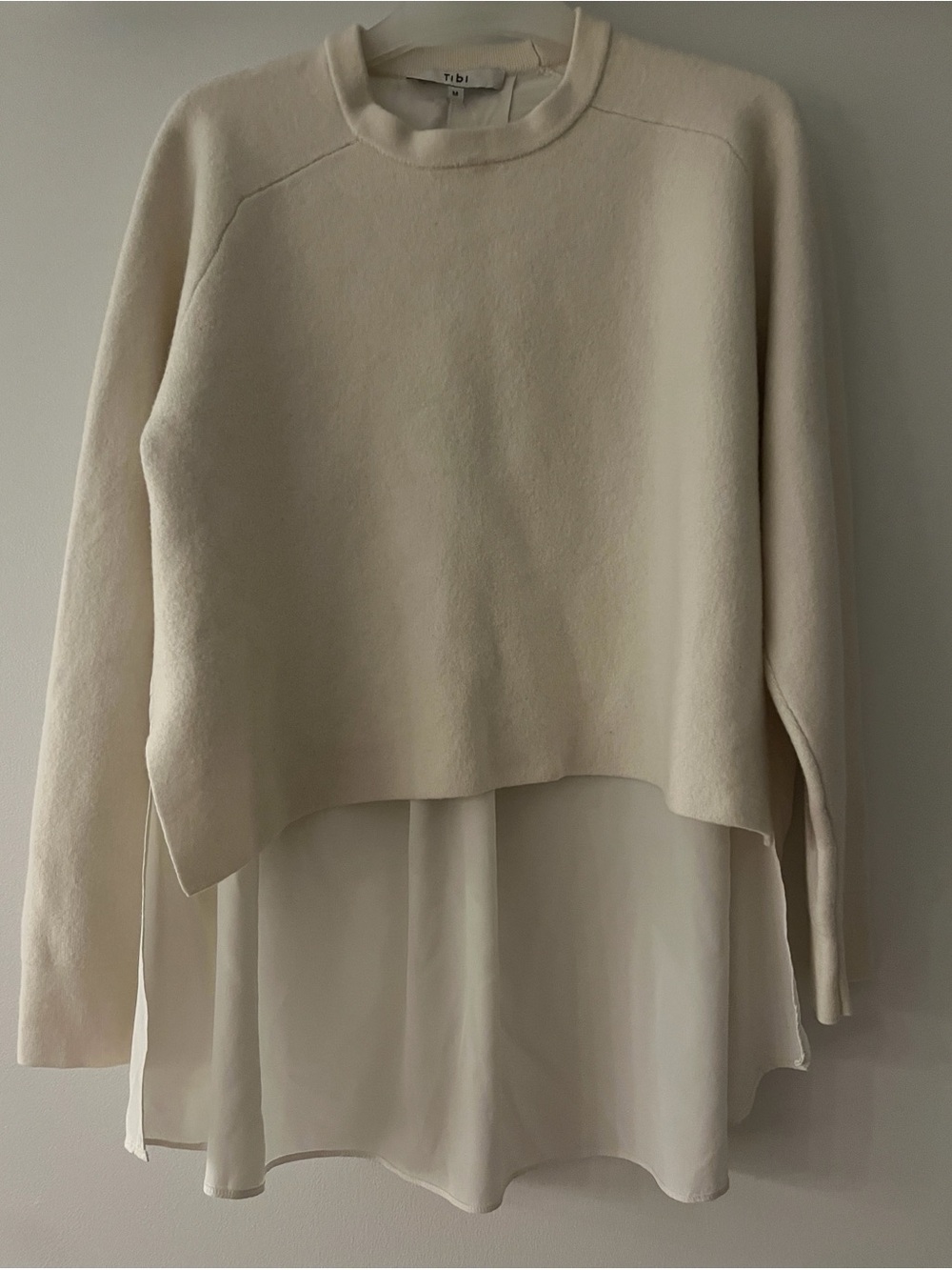 Tibi Ivory Layered Knit Top with Chiffon Hem